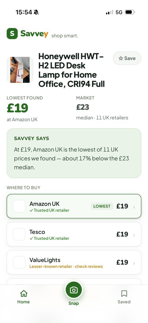 Savvey result — Honeywell LED desk lamp checked across 11 UK retailers, lowest £19 at Amazon