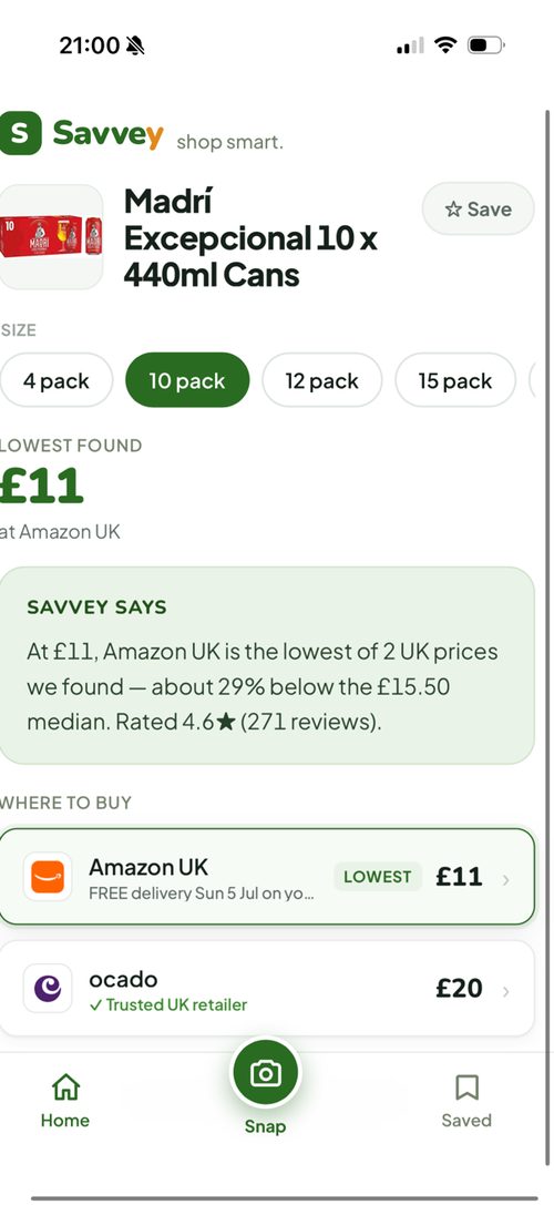 Savvey snap result — Madrí 10x440ml, lowest £11